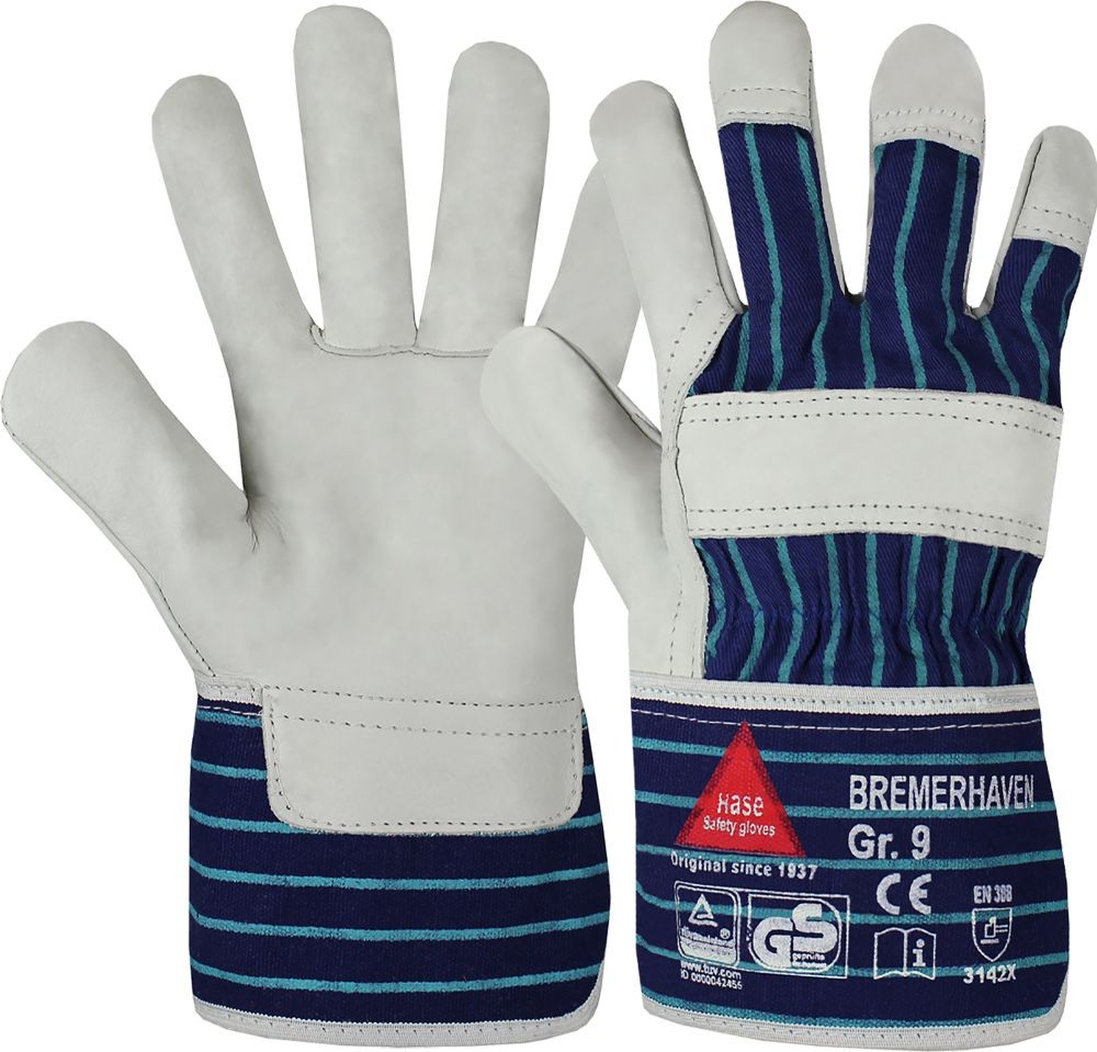 BREMERHAVEN Leder-Arbeitshandschuh Kat II natur/blau Gr. 08
